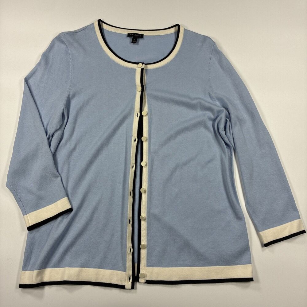 Talbots Medium Blue White 3/4 Sleeve Light Stretch Knit Button Cardigan Sweater
